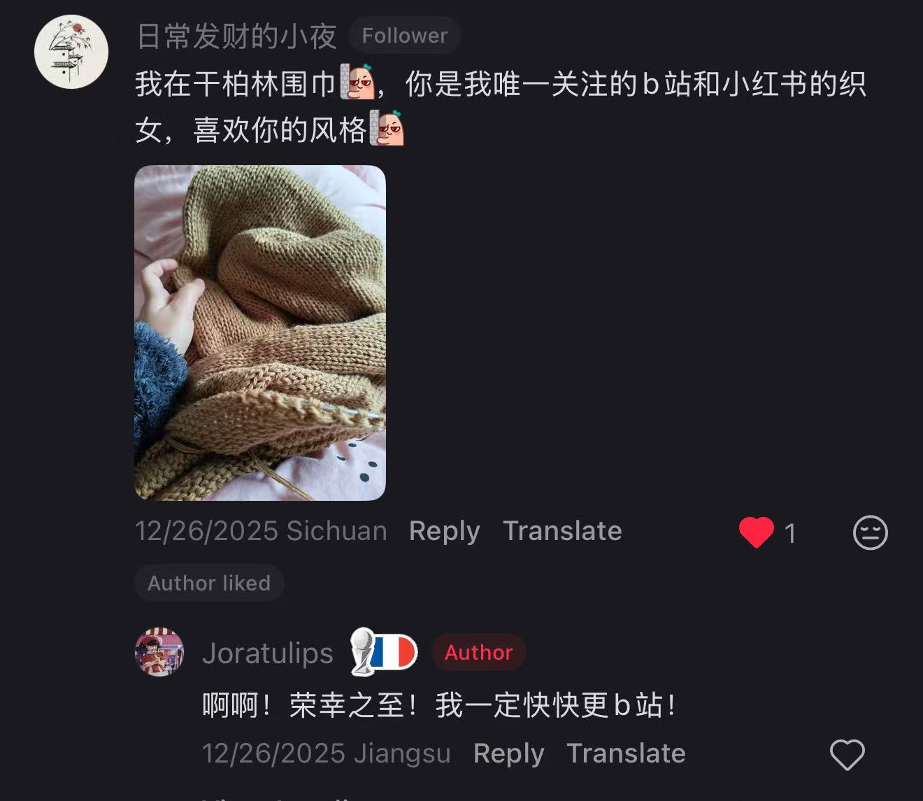 A follower saying Jora is the only knitting creator she follows on both Bilibili and Xiaohongshu